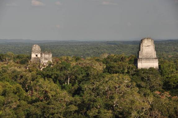 Apenas os templos mais altos se erguem acima da mata que cobre Tikal, na Guatemala